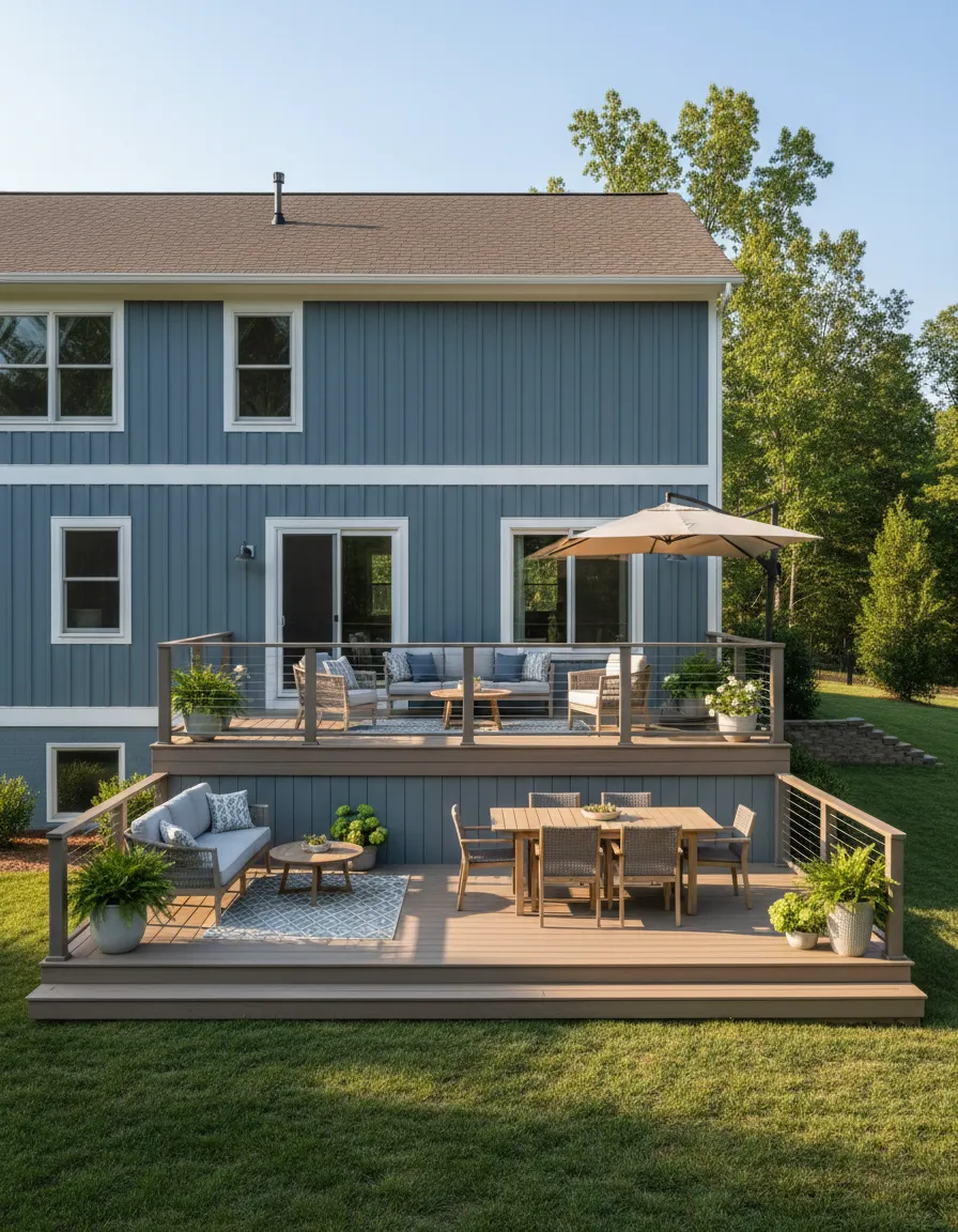 Sunlit custom deck and fresh siding on a North Georgia home