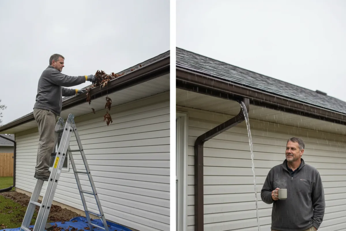 Homeowner on ladder cleaning clogged gutters contrasted with protected gutters