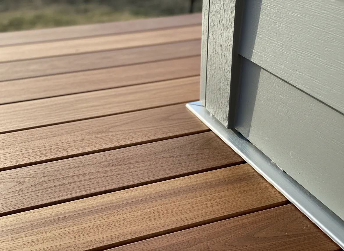 Close-up of high-quality deck boards and fresh siding in sunlight
