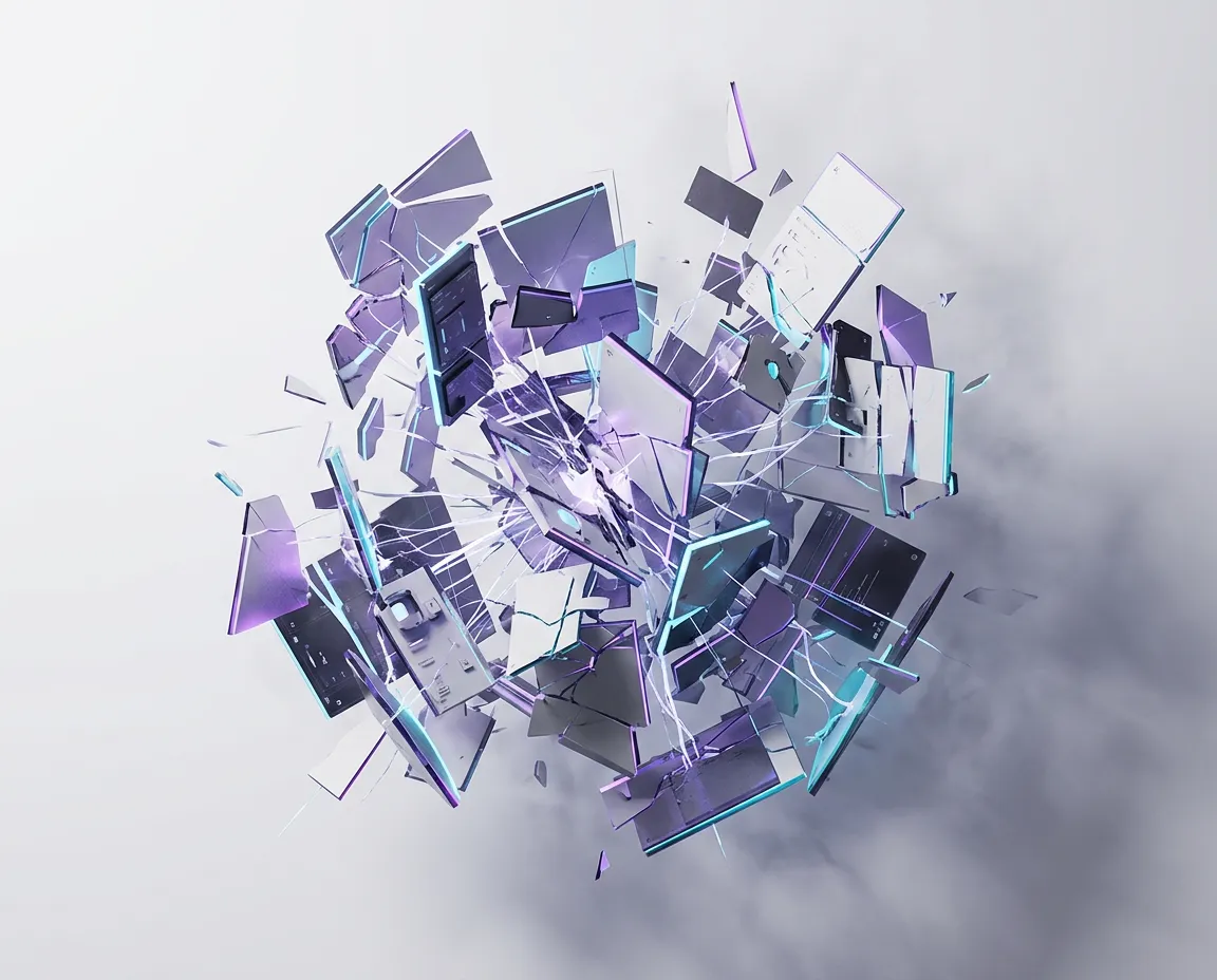 Abstract visualization of fragmented AI tools and disconnected digital interface windows