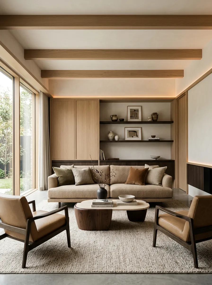 Architectural interior living room featuring minimalist lime-wash walls, seamless natural timber detailing, and ambient soft window light