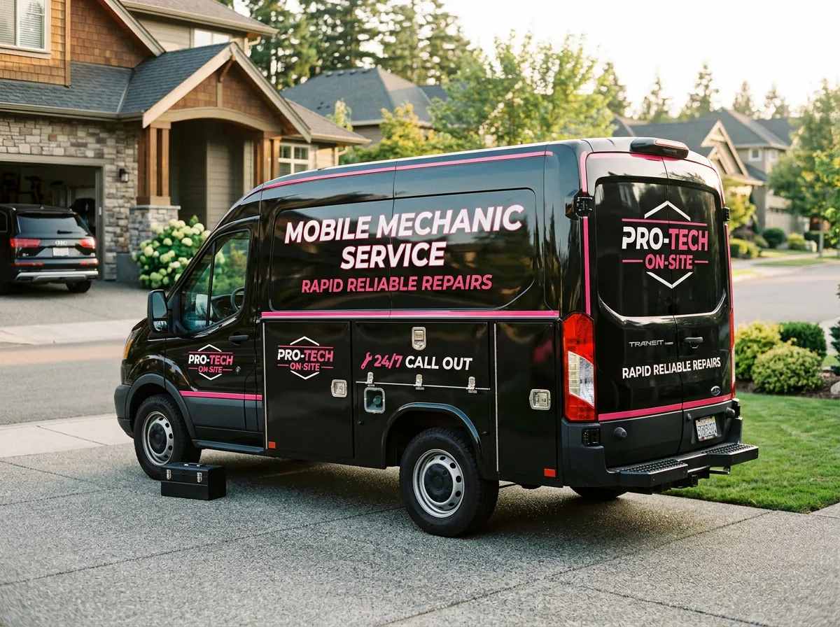 Fully equipped mobile mechanic service van parked in a clean residential driveway with mechanic working