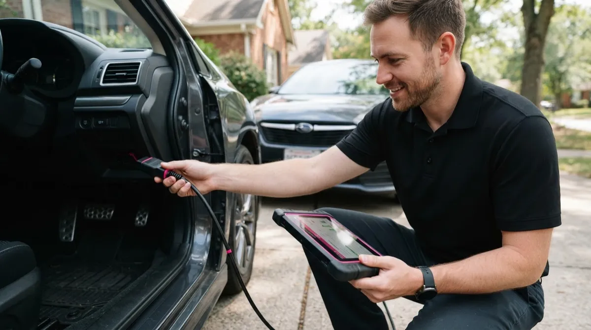 Automotive technician connecting a diagnostic scan tool to a car in a driveway