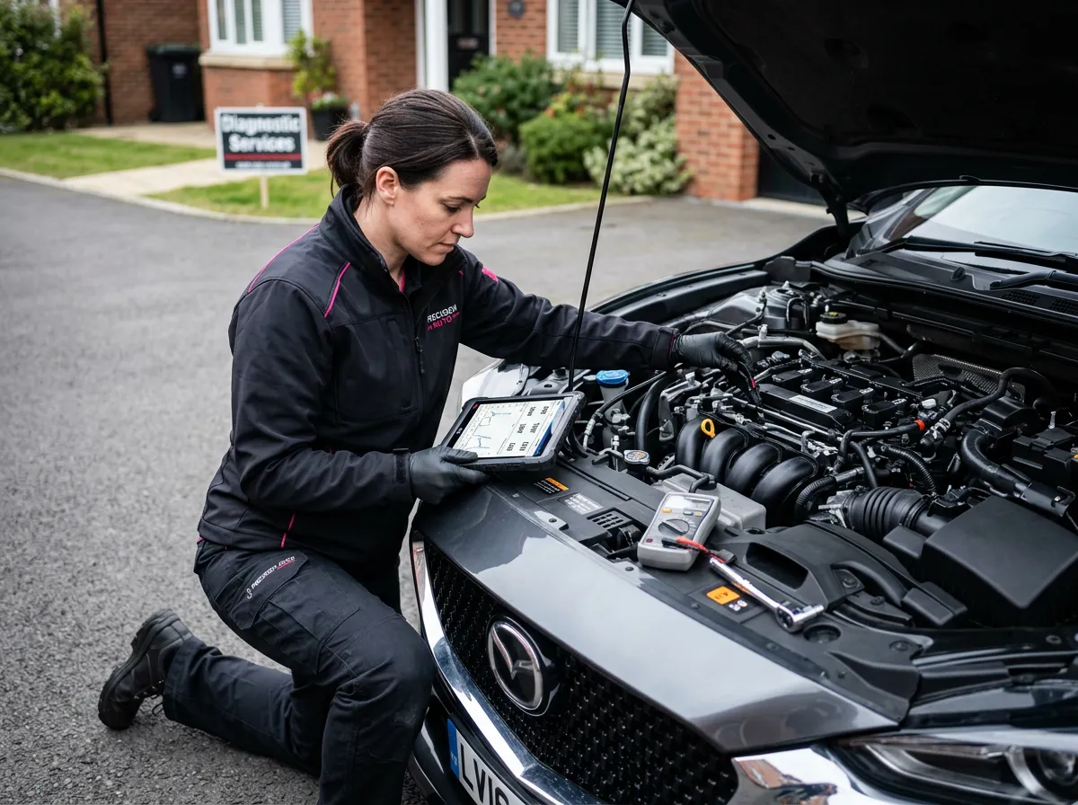 Automotive technician Chris connecting high-end diagnostic scanning equipment to vehicle engine harness