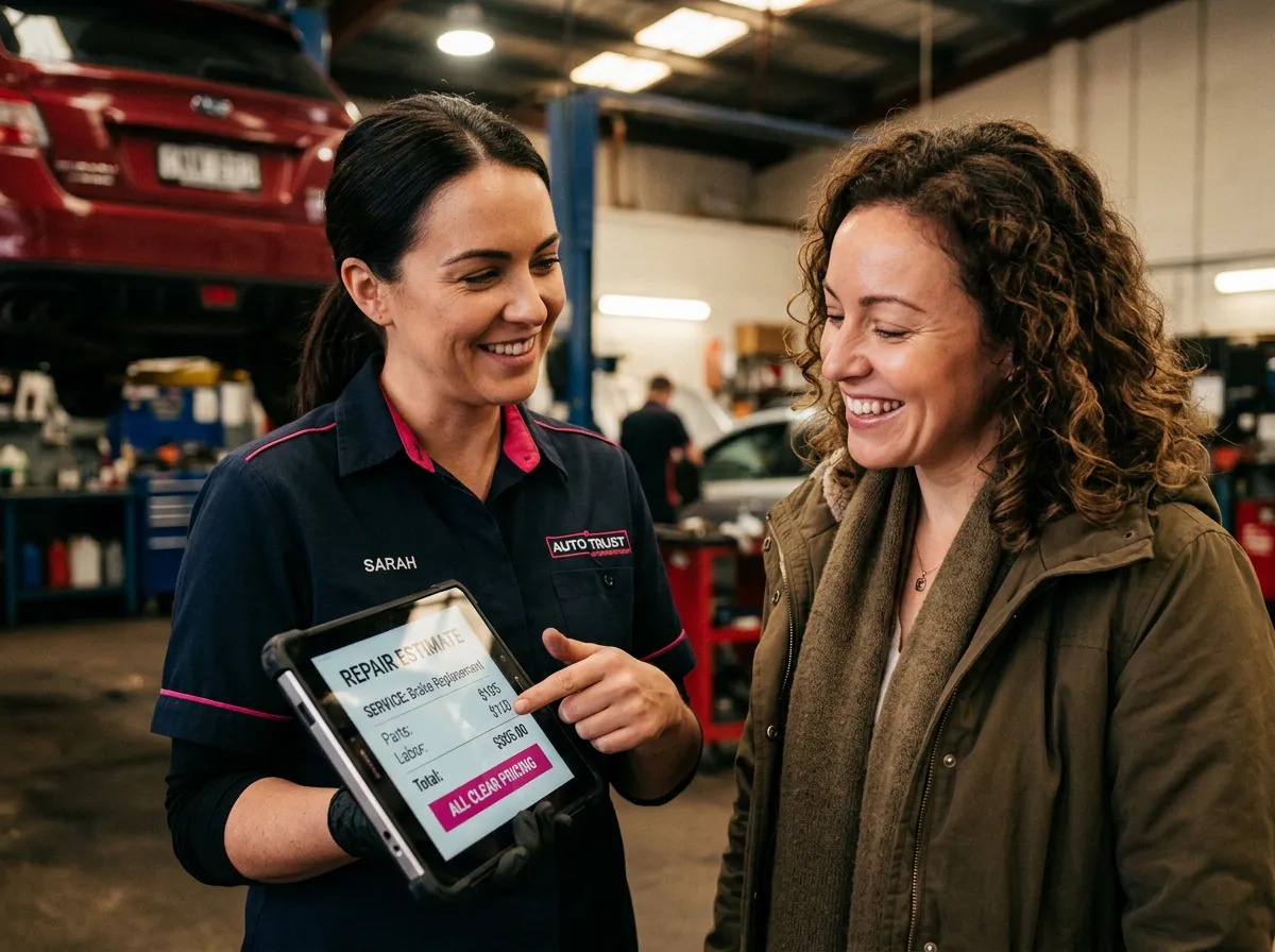 Mechanic presenting transparent itemized repair invoice and tablet estimate to a smiling car owner