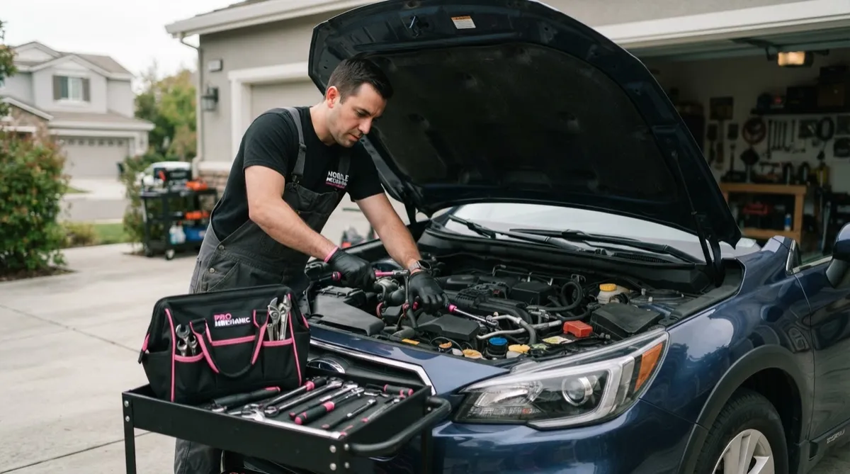 Mobile mechanic working in the engine bay of a car with the hood open