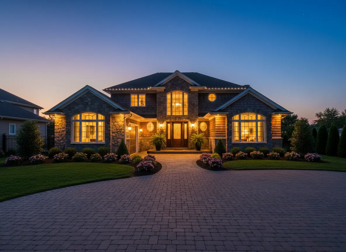 Curb appeal exterior real estate photo at twilight