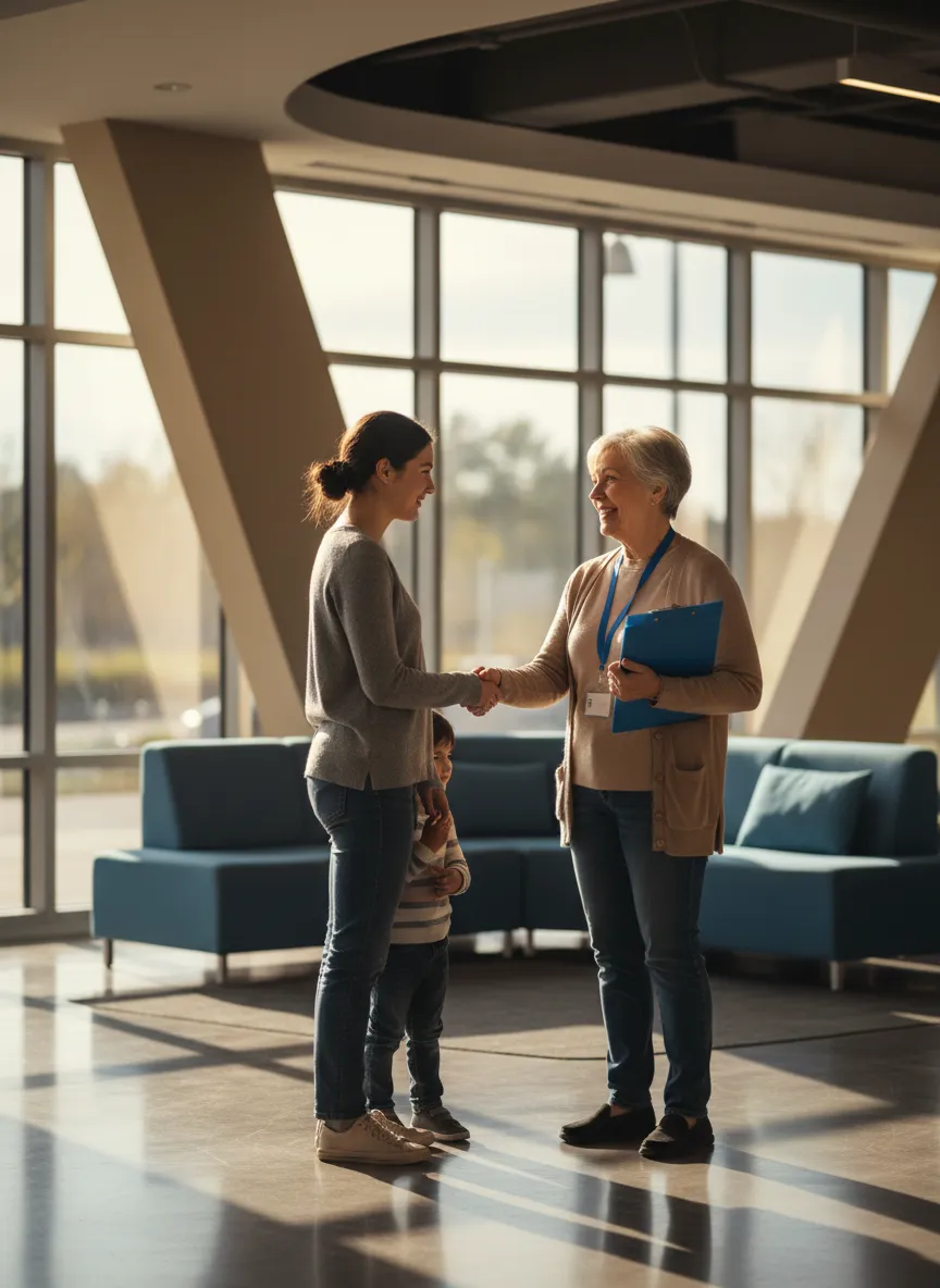 A supportive volunteer mentor greeting and guiding a new community arrival