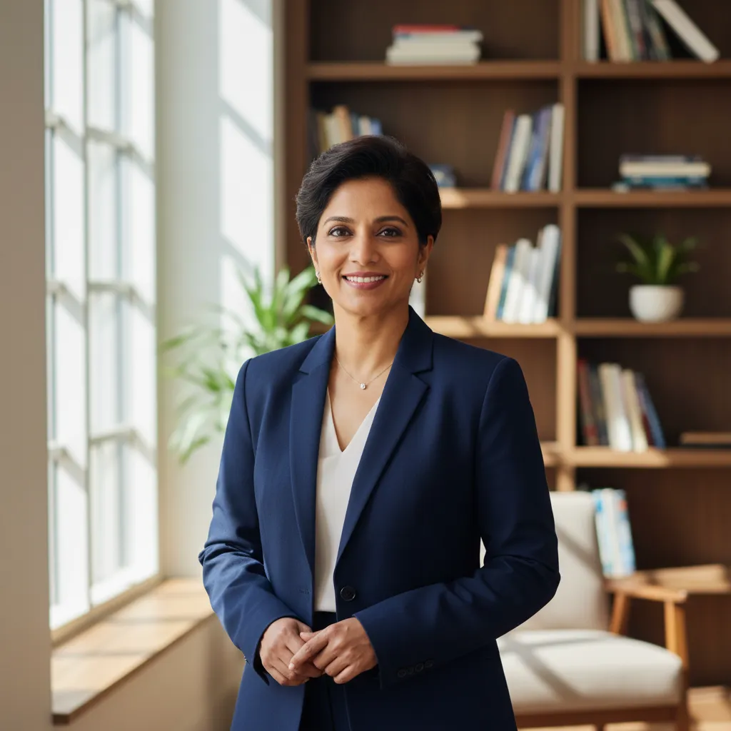 A female executive coach in her mid-40s, South Asian, with short hair and a navy blazer, stands confidently in a sunlit office with bookshelves behind her. She exudes warmth and professionalism, ready to support clients in their growth.