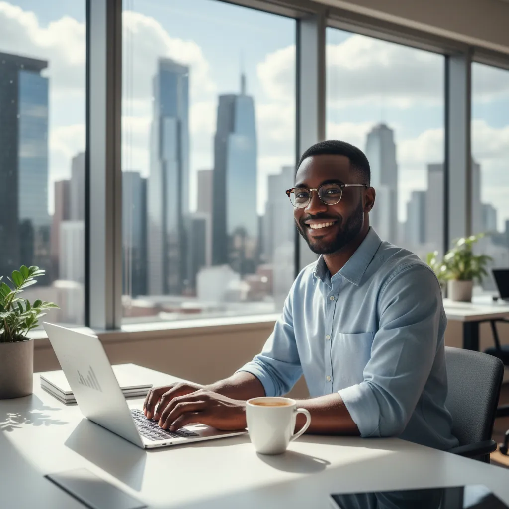 A Black male career strategist in his early 30s, wearing glasses and a light blue shirt, sits at a desk with a laptop and coffee mug. The urban office setting is modern, with large windows and city views in the background.