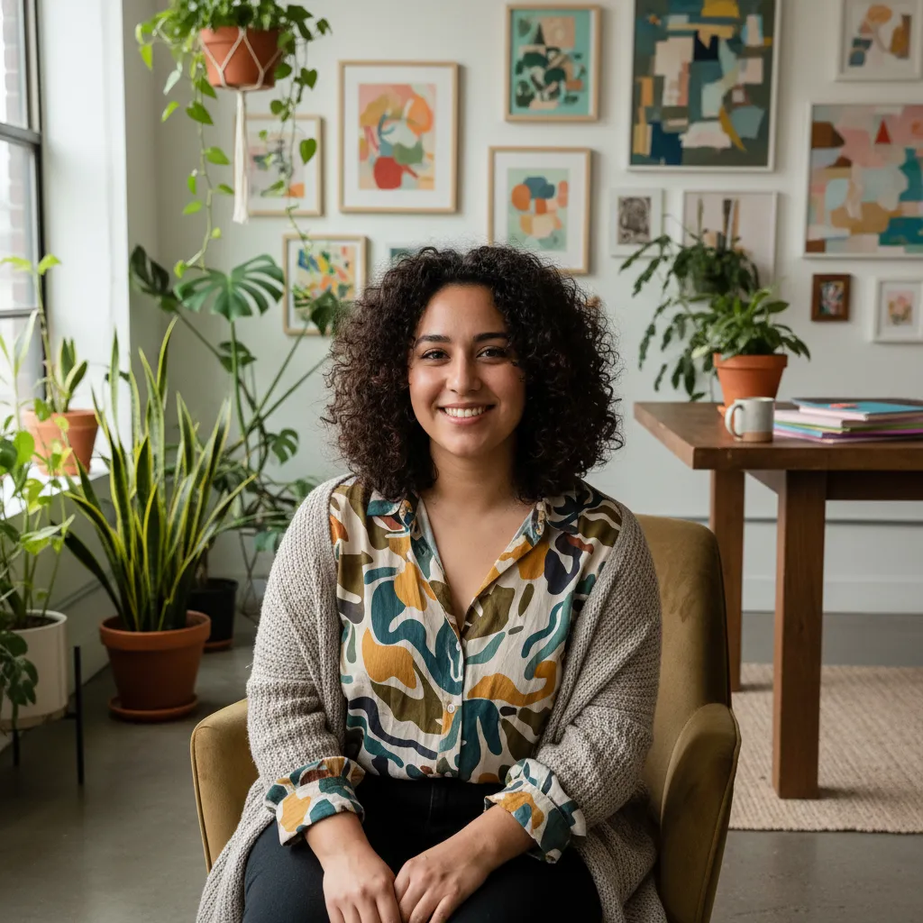 A non-binary life coach in their late 20s, Latinx, with curly hair and a patterned shirt, smiles warmly in a creative studio filled with plants and artwork. The environment feels inviting and supportive, reflecting their coaching approach.