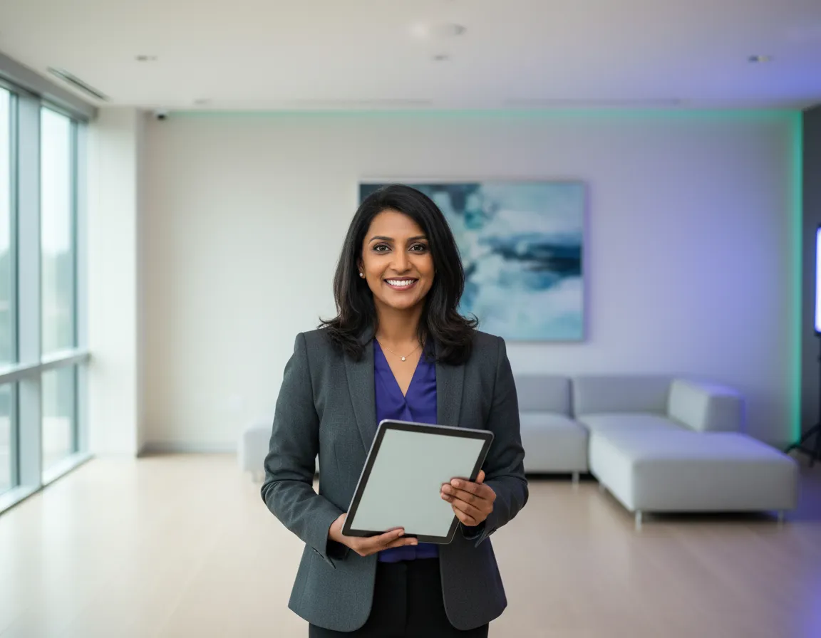 Business owner smiling confidently holding a tablet in a modern office