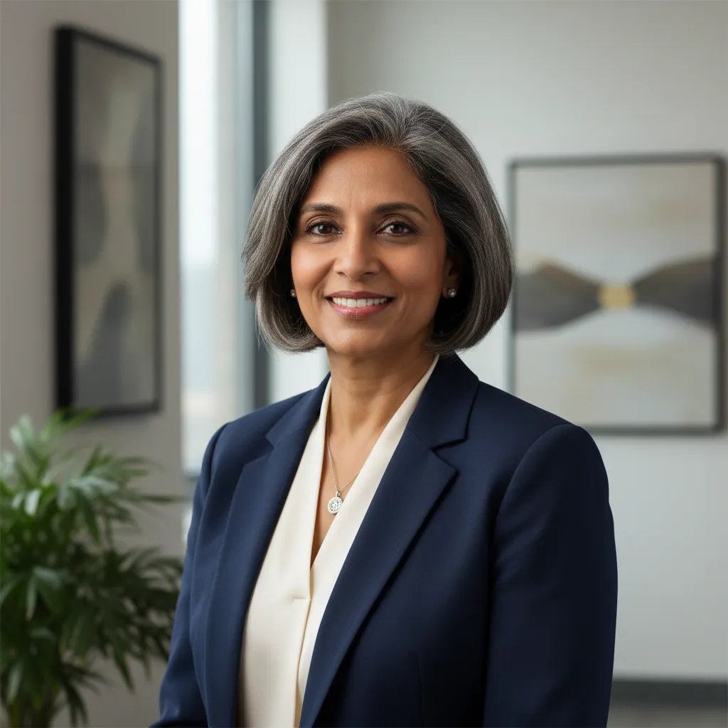 Portrait of a senior clinical recruitment strategist, South Asian woman, smiling confidently in a modern office, 1:1 aspect ratio, professional attire, soft natural lighting.