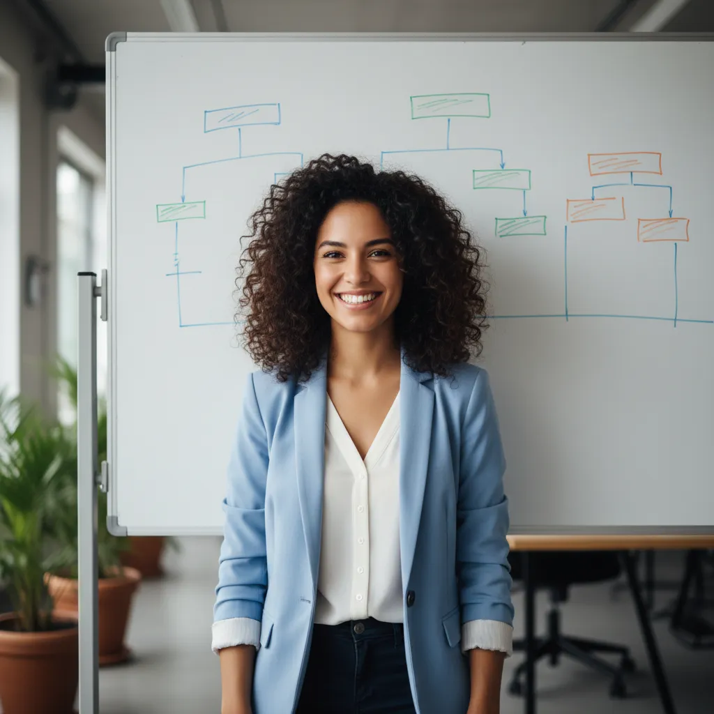 Portrait of a young Latina project manager, curly hair, business casual, 1:1 aspect ratio, standing in front of a whiteboard with trial timelines, cheerful expression.