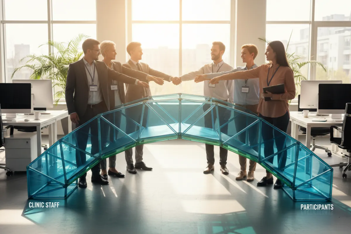 A diverse group of professionals and volunteers shaking hands across a stylized bridge, symbolizing connection between clinics and participants, in a bright, modern office setting. The image uses a 3:2 aspect ratio and features natural daylight.