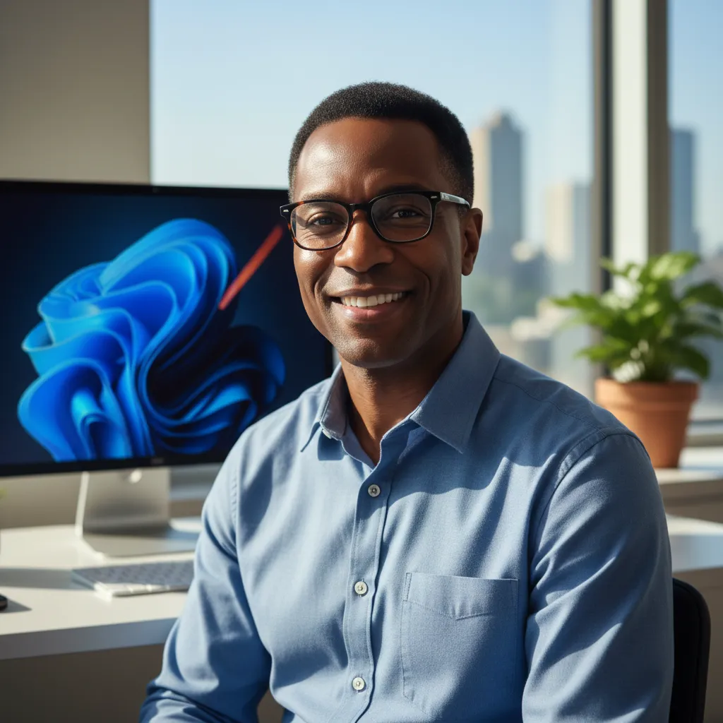 Portrait of a middle-aged Black man, digital marketing lead, wearing glasses and a blue shirt, 1:1 aspect ratio, in a bright workspace, smiling warmly.