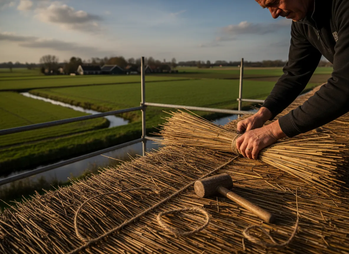 Rietdekker aan het werk op dak