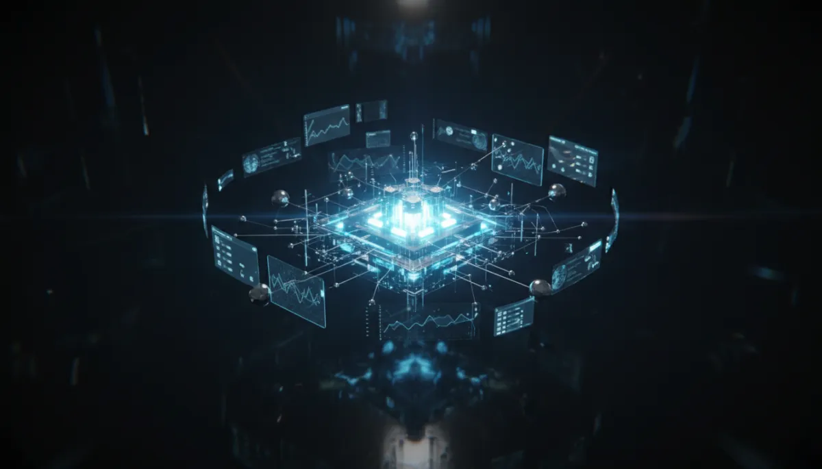 AI workflow hub, futuristic dashboard, neon glow