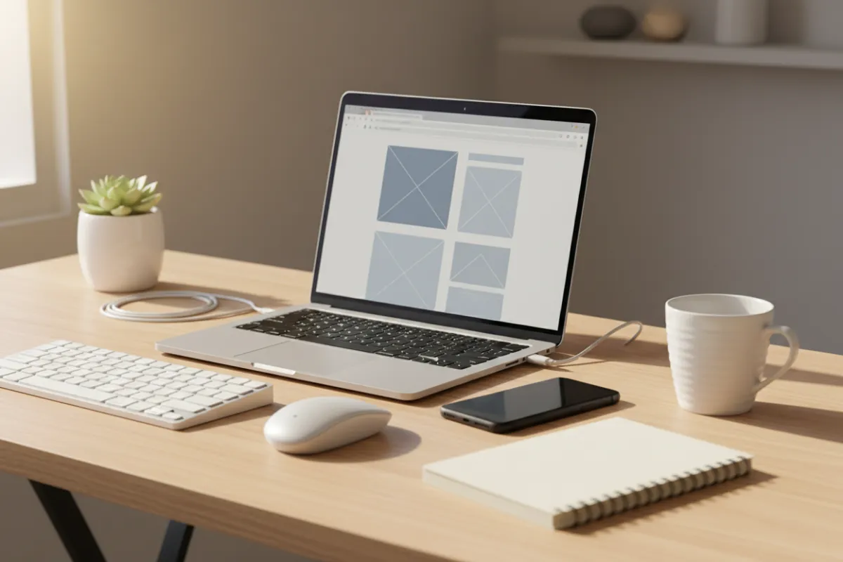 Clean, organized web design workspace with laptop showing a subtle web layout, keyboard, mouse, smartphone, closed neat notebook, small plant, and coffee cup, warm natural lighting and neutral background
