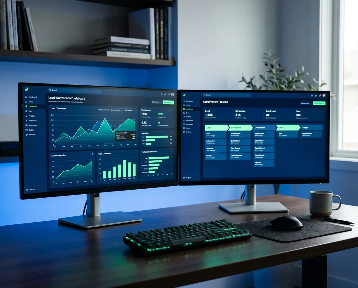 High-end modern workspace dashboard displaying lead conversion analytics and automated appointment pipelines