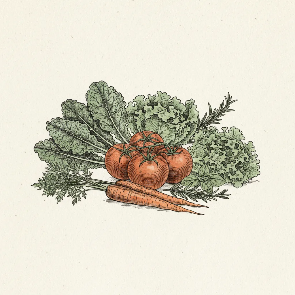 Charcoal or ink botanical drawing of fresh vegetables