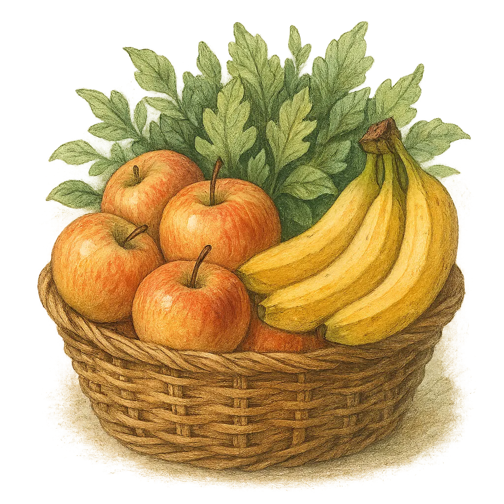A hand-drawn illustration of an overflowing fruit and vegetable basket
