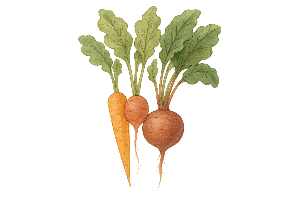 Illustration of hearty root vegetables like carrots and beets