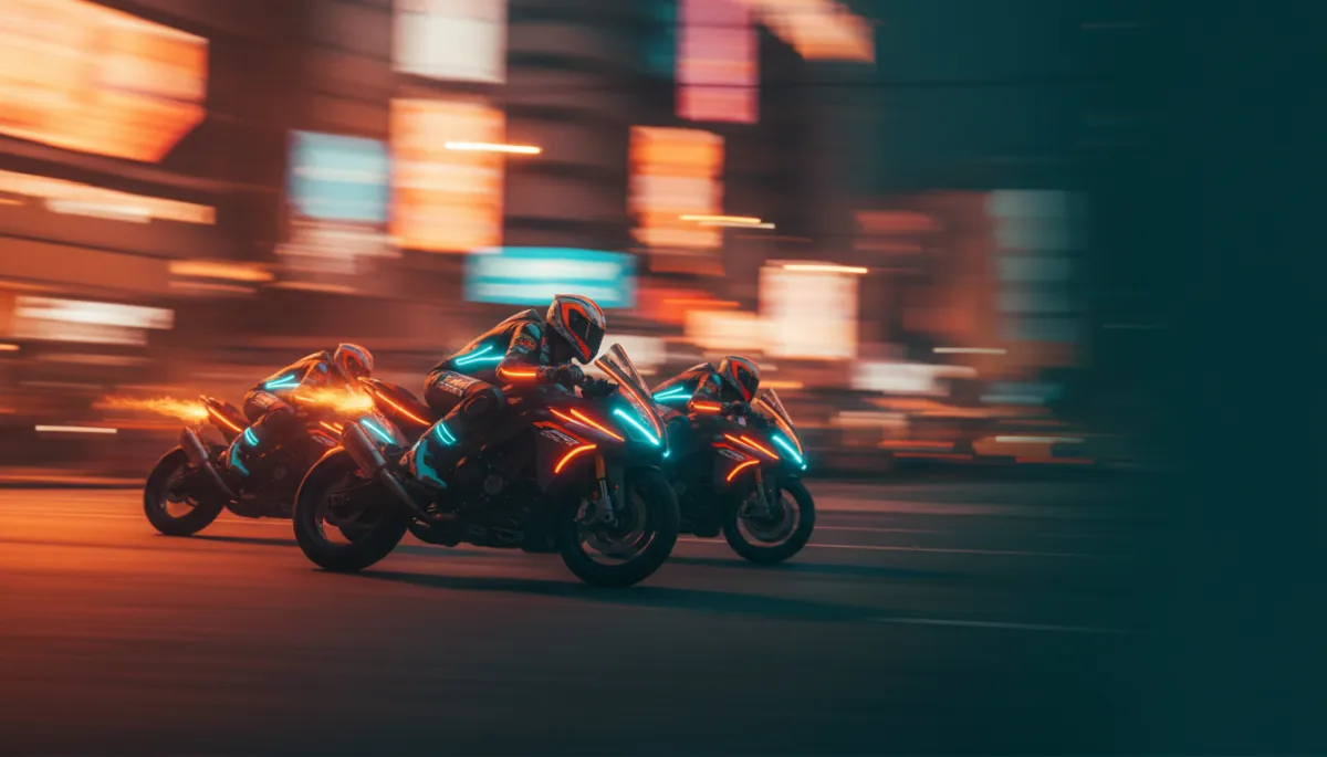 Teen boys racing go karts at night