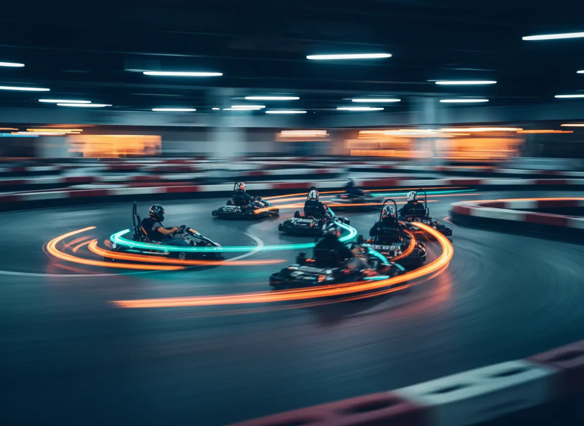 Indoor go-kart POV shot from the driver's perspective, teen with kippah