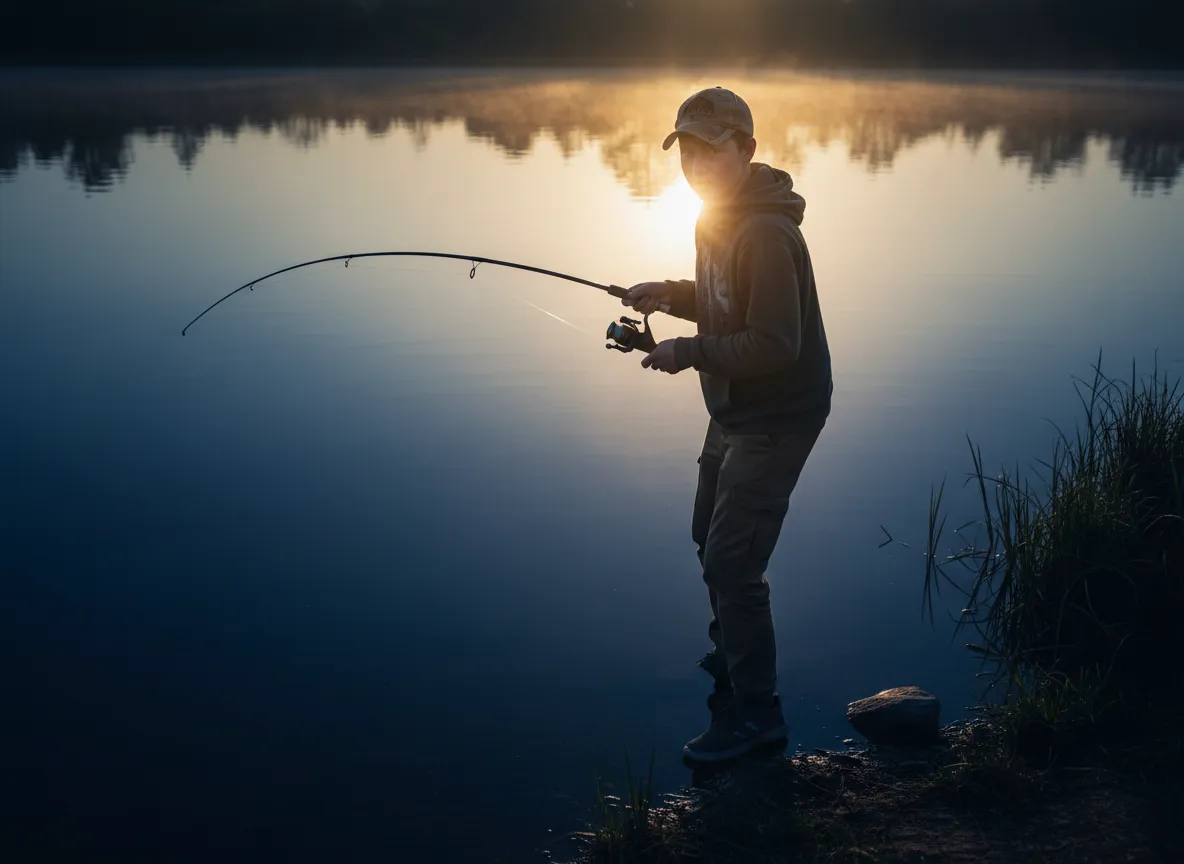 Teen boy fishing at edge of still water early morning, wearing velvet kippah