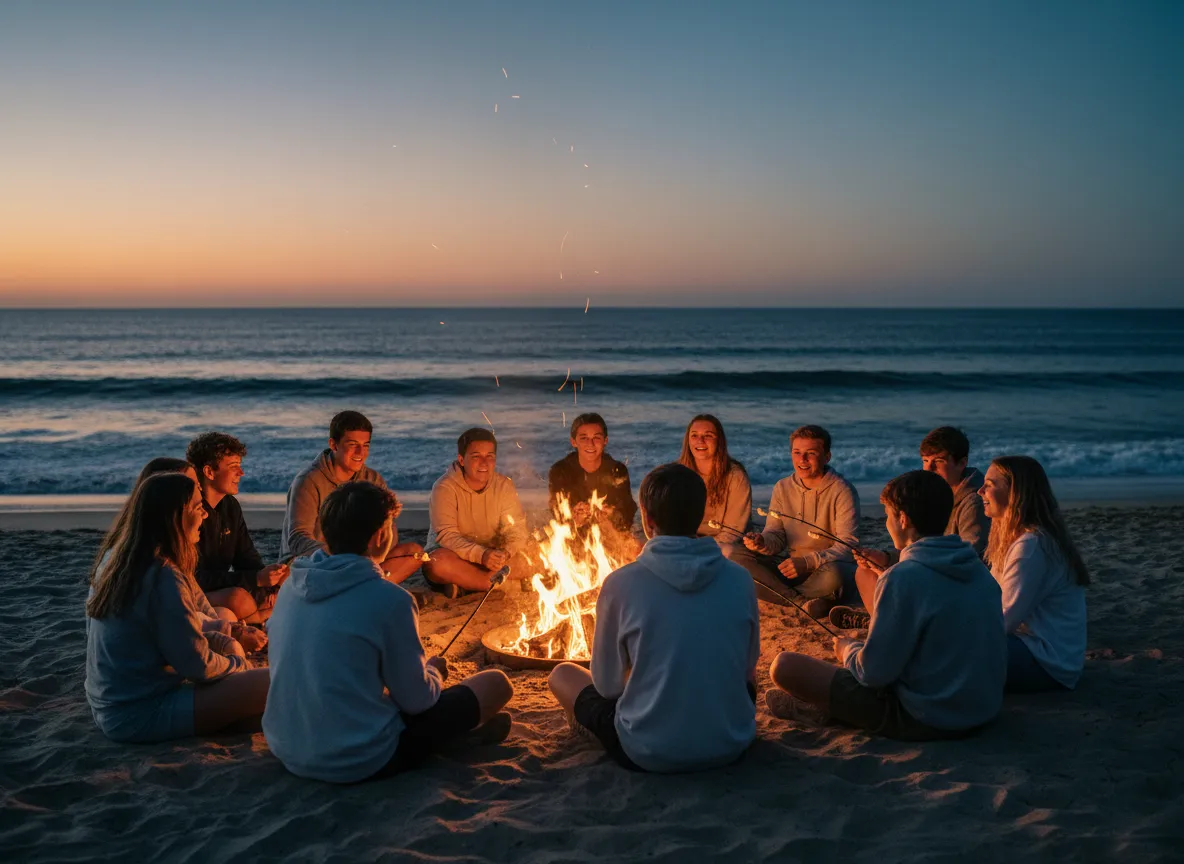 Teen boys laughing around a beach bonfire at sunset, wearing kippot