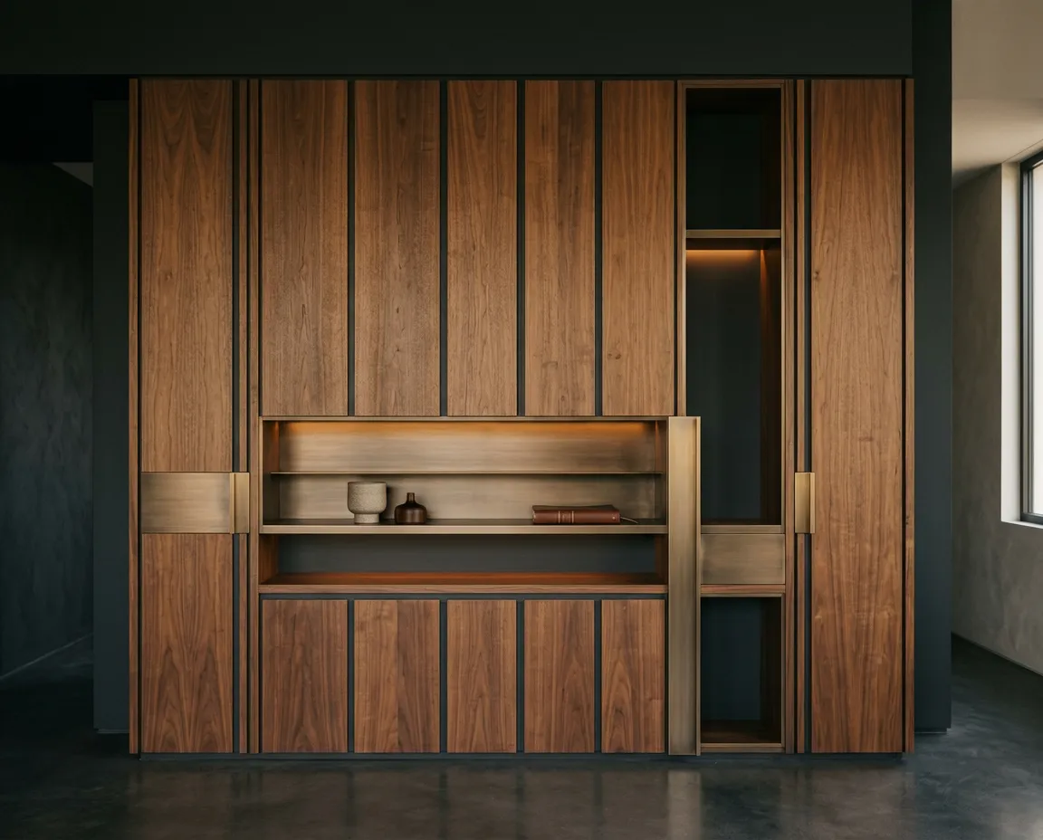 Refined bespoke interior architectural joinery with brushed metal accents