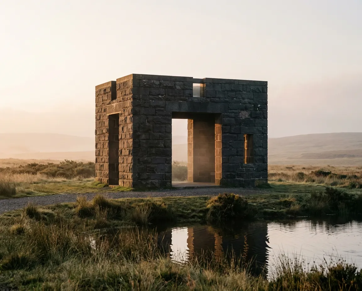 Monolithic stone architectural pavilion framing serene morning light