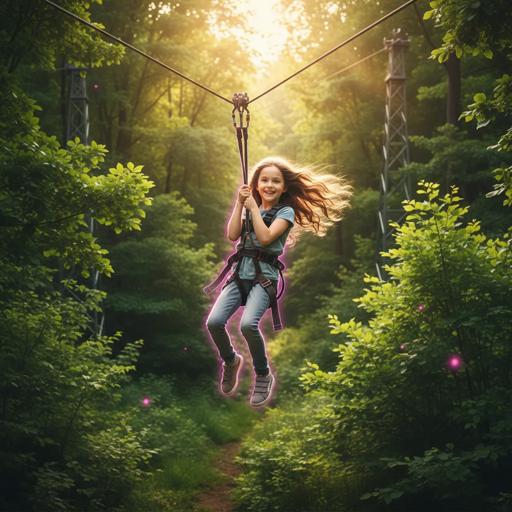 A young girl ziplining happily through a forest