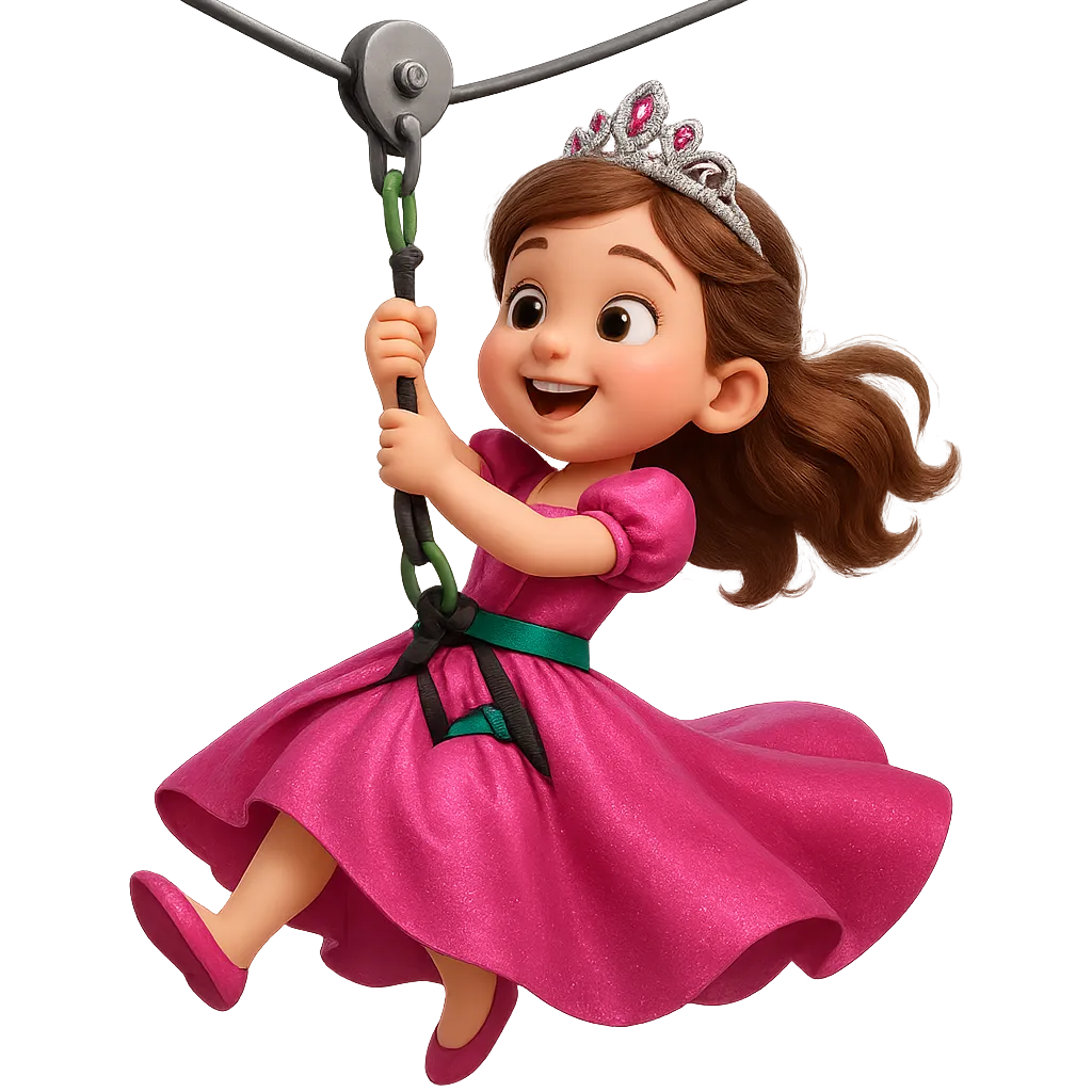 Princess Aubrie gracefully flying through the forest canopy on a zipline