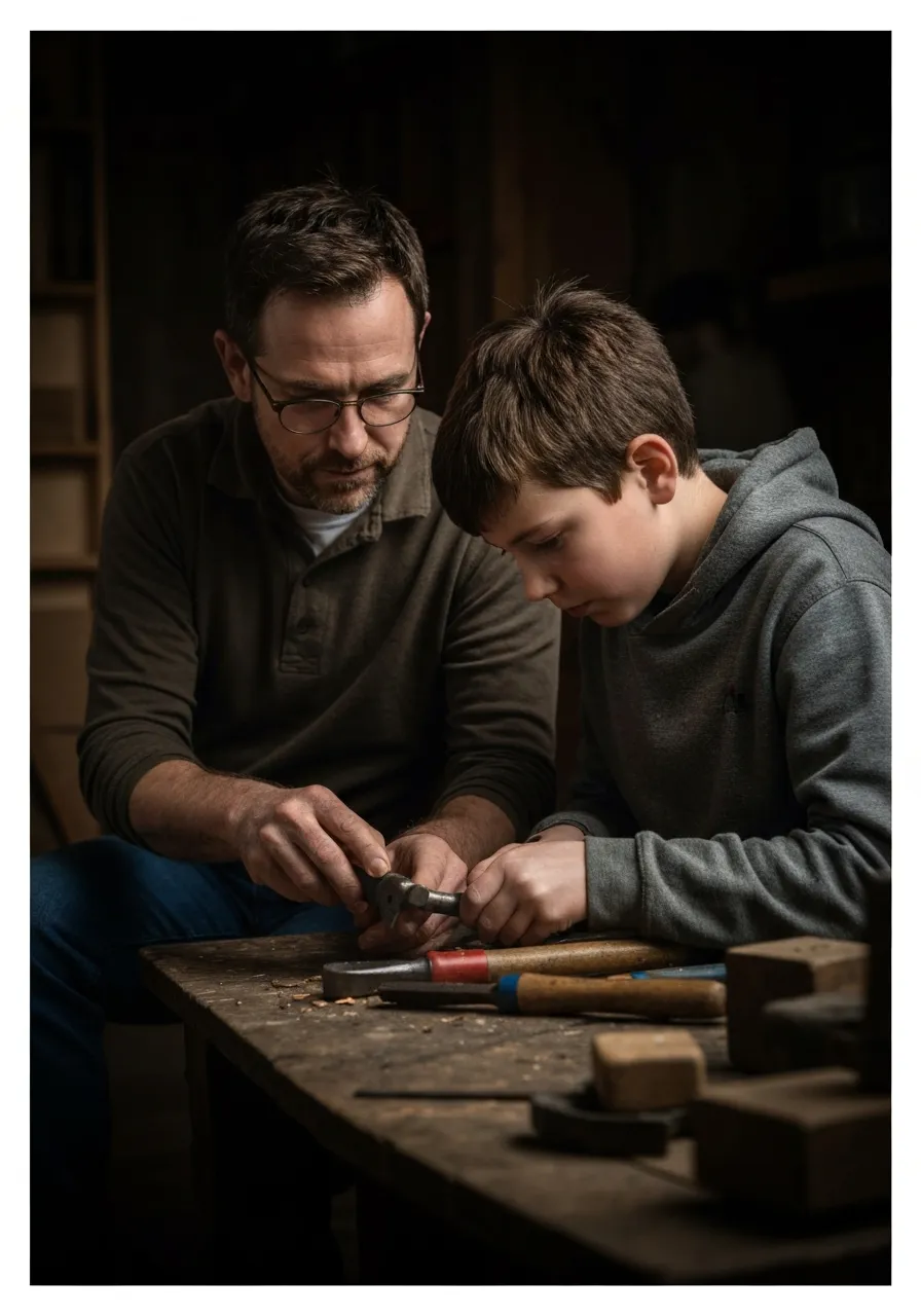 Quiet documentary portrait of a mentor guiding a boy through focused work in natural light