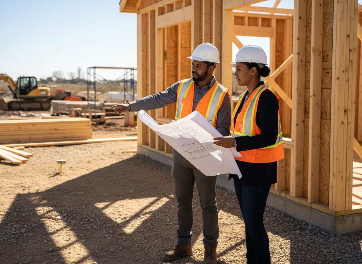 Inspector reviewing construction progress with a lender on-site