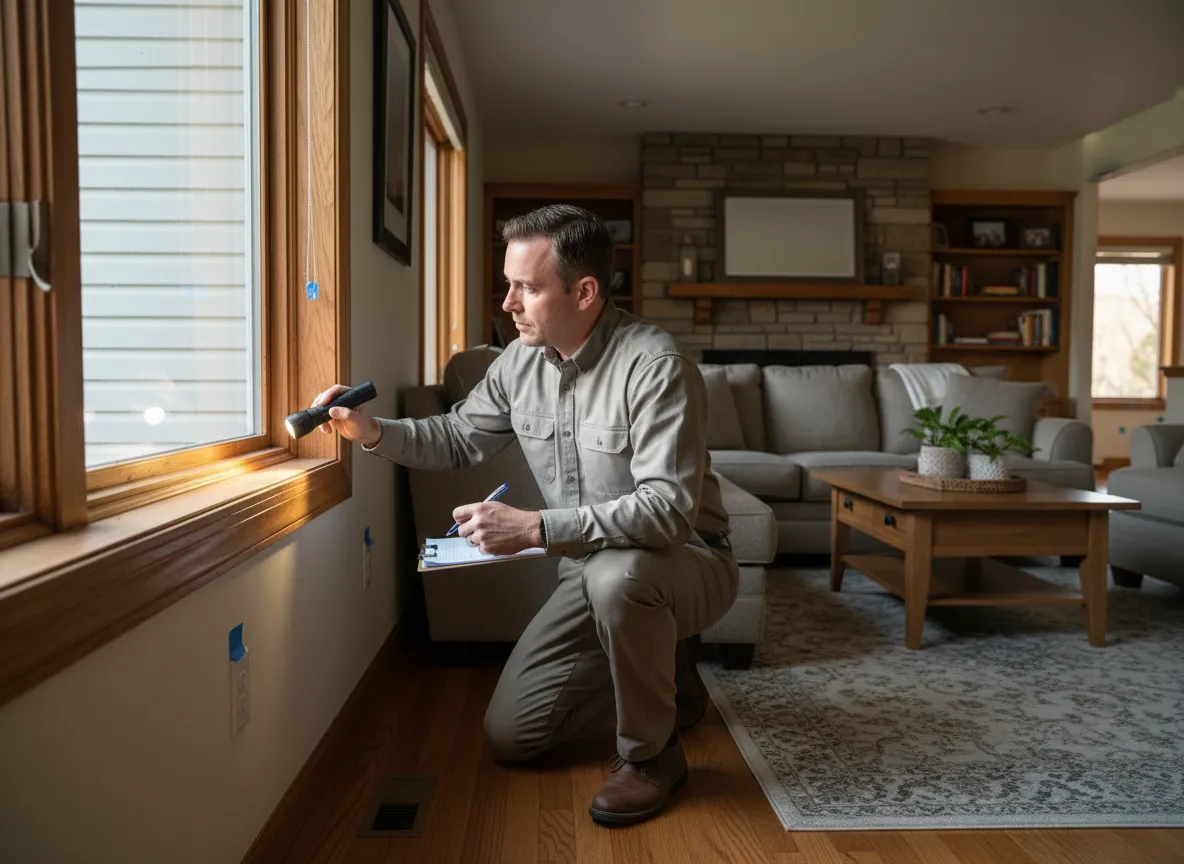 Home inspector examining a living room with clipboard
