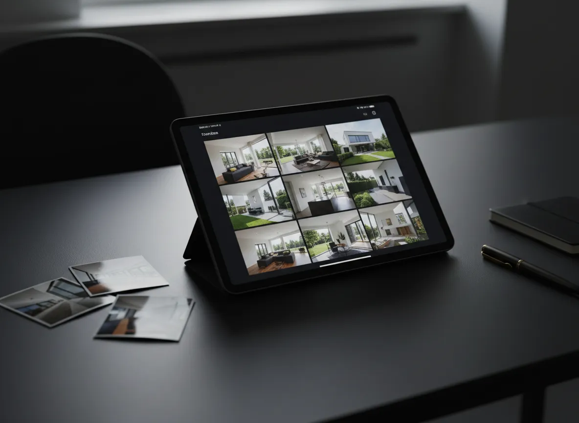 Collage of exterior and interior property photos on a tablet