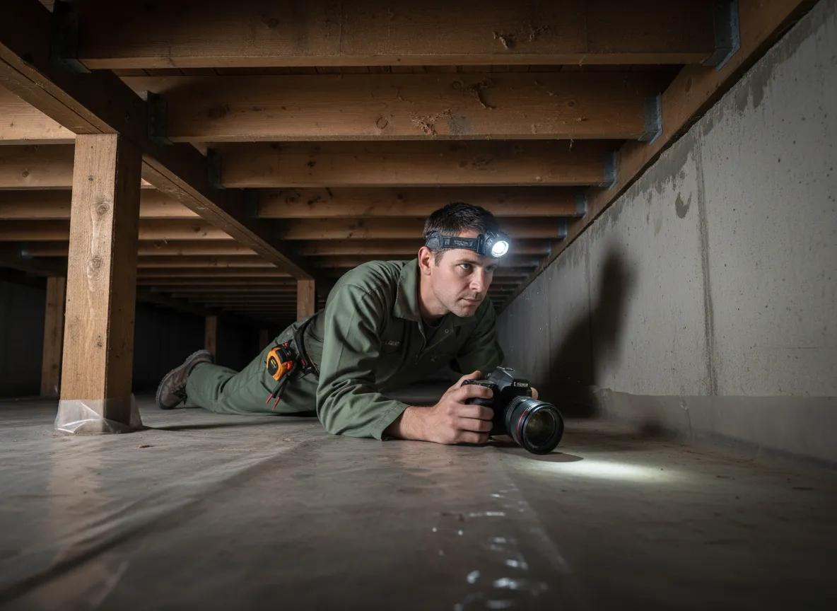 Inspector in crawlspace checking for termite damage