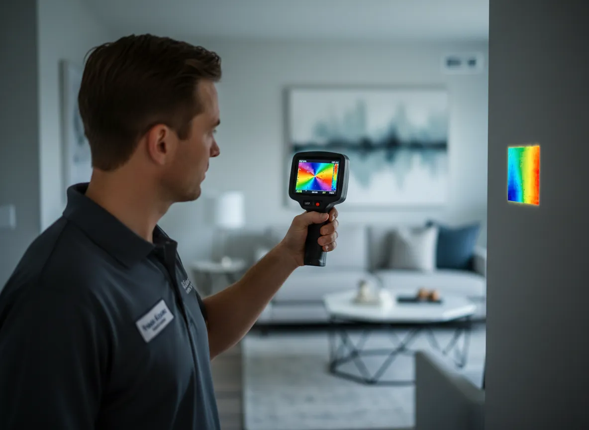 Inspector using a thermal imaging camera on an interior wall