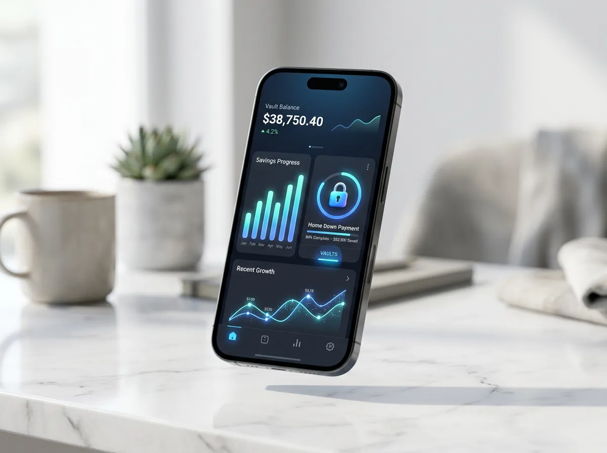 Sleek mobile app interface illustrating automated smart budgeting analytics and customized savings vaults