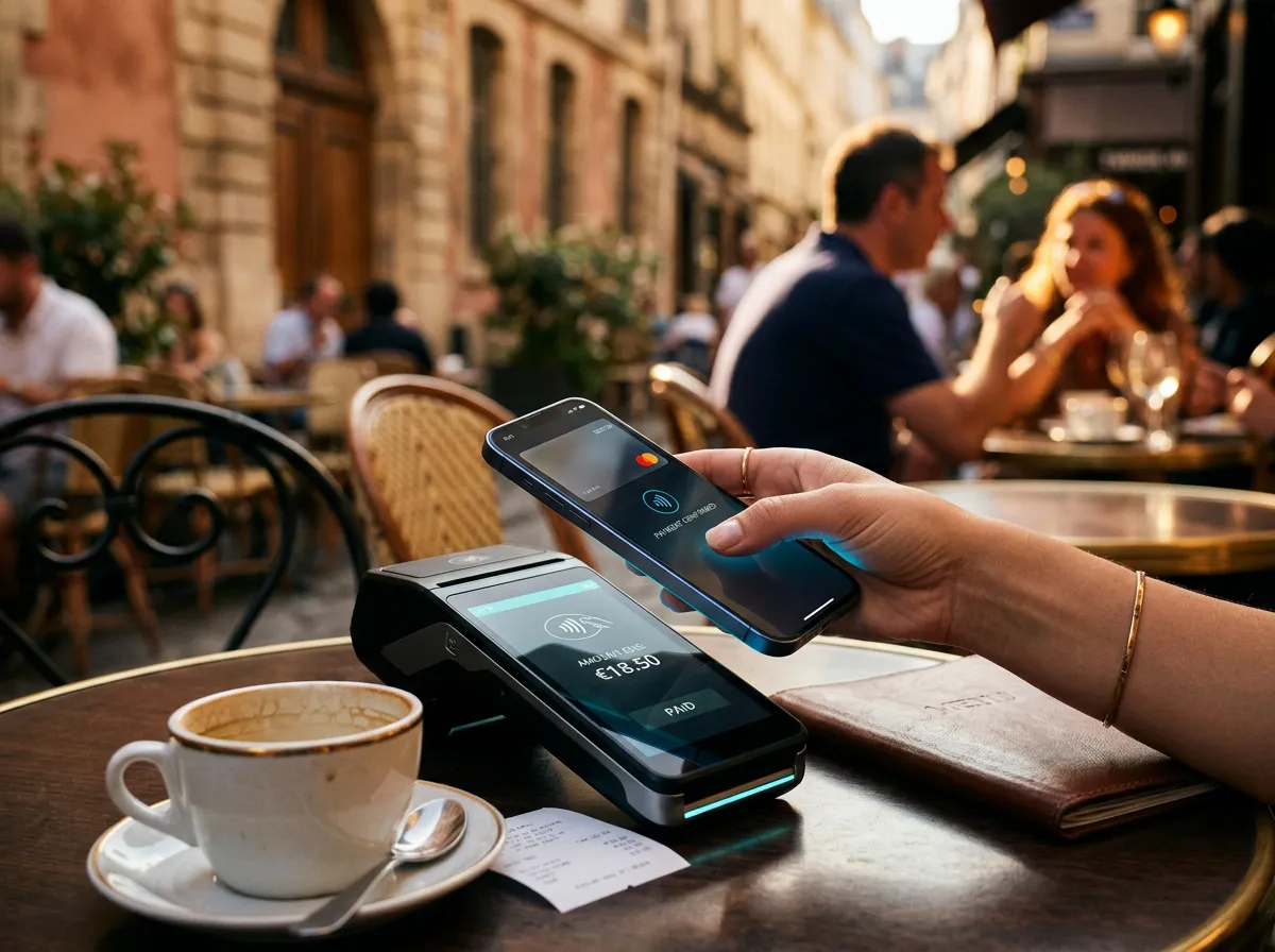 A traveler effortlessly paying with a contactless smartphone tap at a stylish European outdoor cafe
