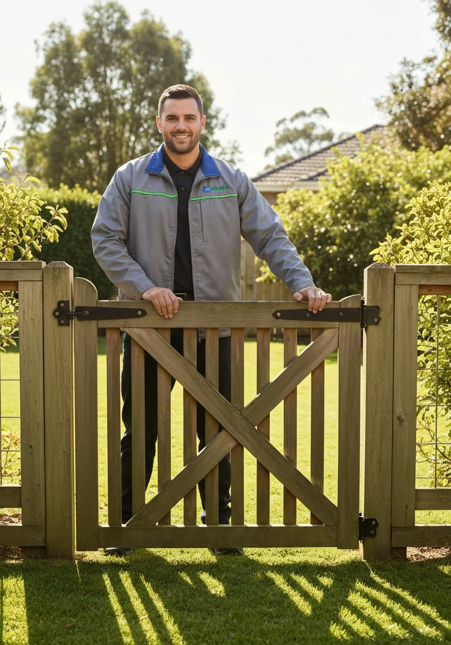 Professional pet waste removal technician in uniform closing a secure yard gate