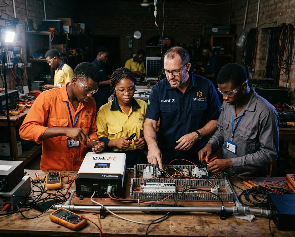Nigerian students conducting hands-on electrical and solar installation in technical workshop