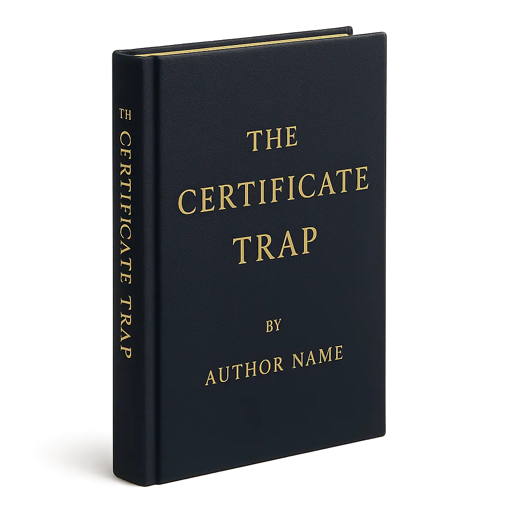 A realistic 3D hardcover book mockup of The Certificate Trap leaning slightly with a soft contact shadow on a light cream surface.
