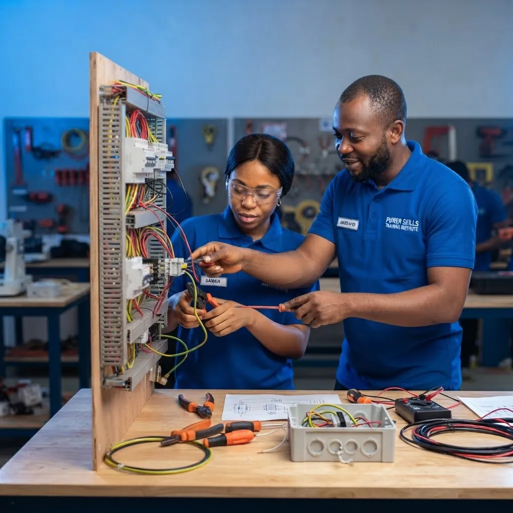 Dedicated vocational instructor guiding a Nigerian engineering student during electrical installation training