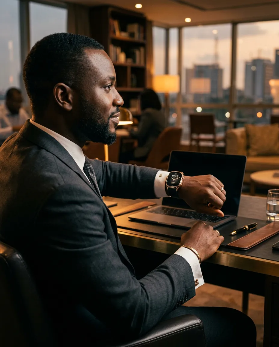 Modern Nigerian professional wearing a luxury Serilat smartwatch in an executive business setting