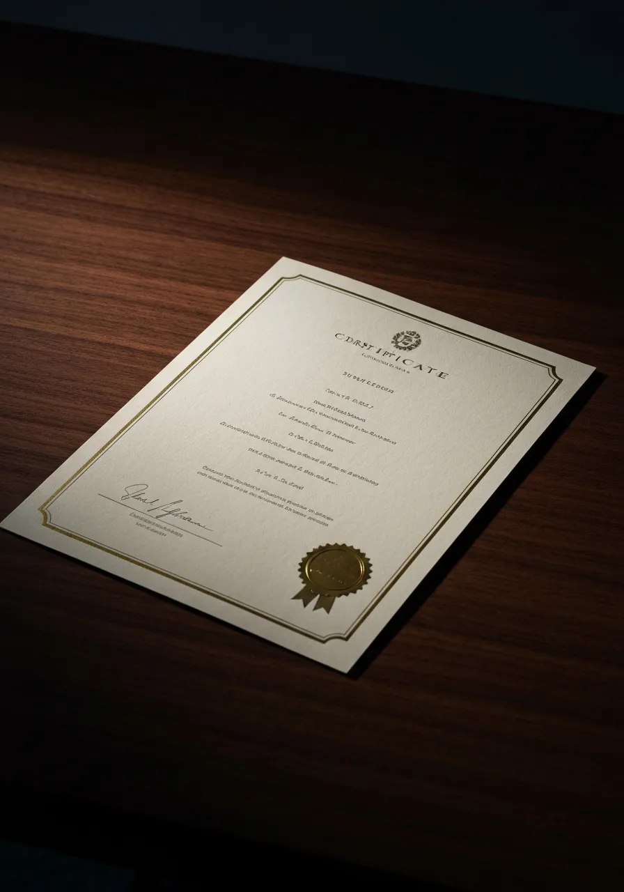 A solitary academic certificate resting on a desk, representing the illusion of automatic security