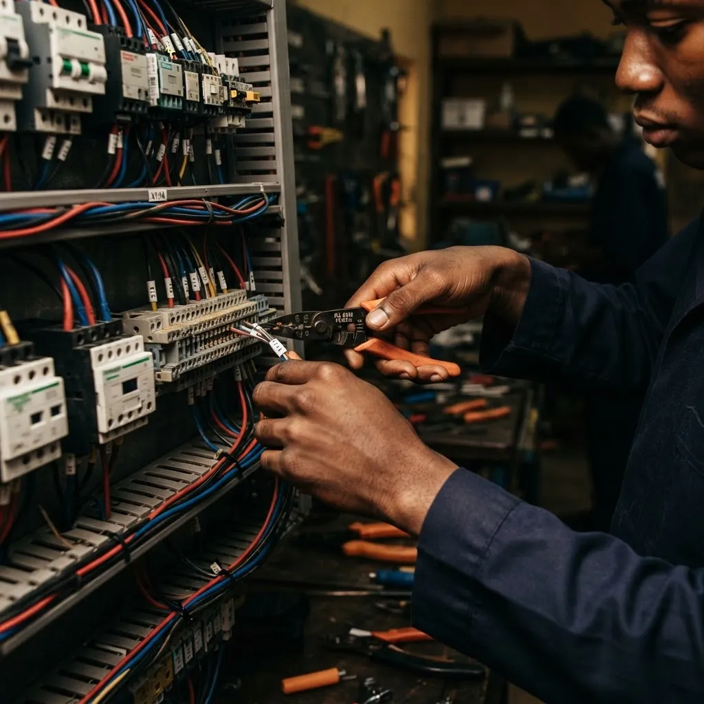 Student technician performing hands-on diagnostics and wiring on a technical control panel